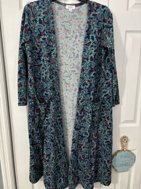 LulaRoe Long Open-Front Paisley Cardigan Sweater - Navy with Red & Cream Paisley